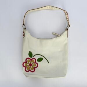 Cream Leather Shoulder Bag w/ Flower Design & Embellishments